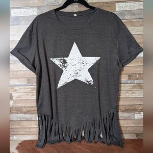 New Gray Fringe T-Shirt with Distressed White Star